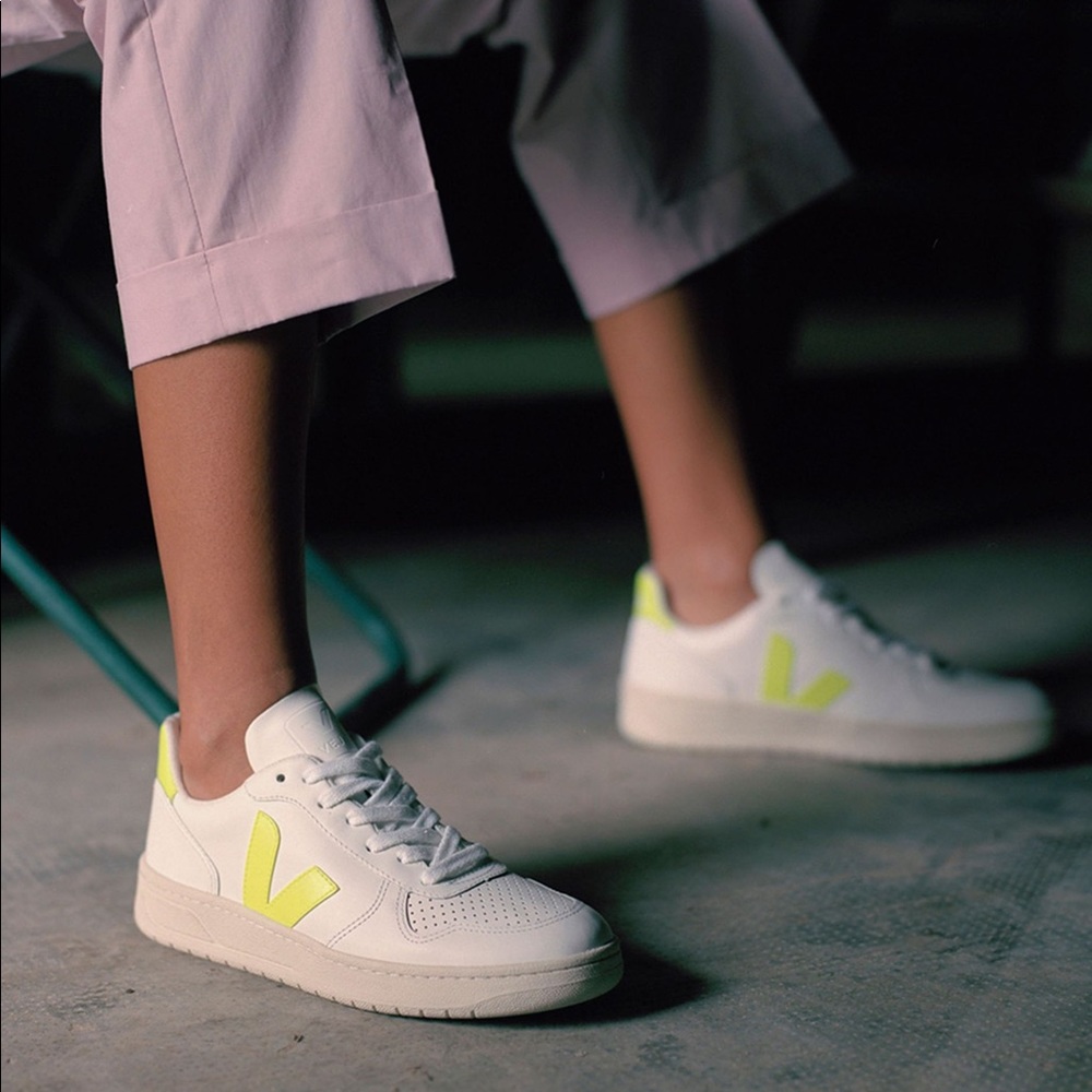 Veja V10 Leather White Jaune Fluo Sneakers Shoes - Picture 10 of 10